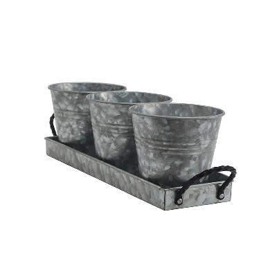 Vintage Finish Galvanized Farmhouse Flower Pot Set with Tray