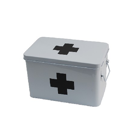 White Metal Home Storage First Aid Box with Lid &amp; Black Cross on Front