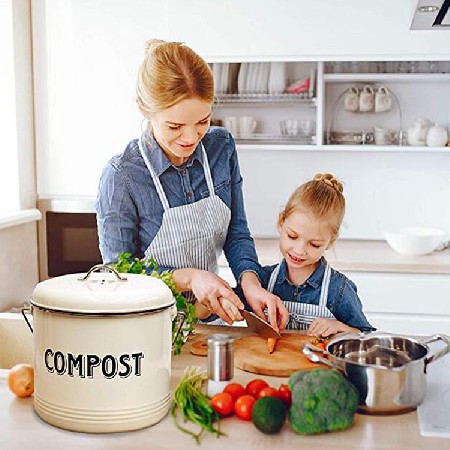 Compost Bin with FREE Charcoal Filters Vintage Cream Powder-Coated Carbon Steel | Kitchen Pail with Lid, Trash Keeper Container Bucket, Recycling Caddy