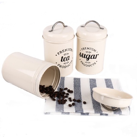 3 Piece Coffee, Sugar,Tea Metal Canister Set, Cream